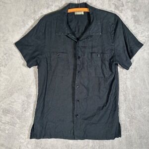 Visitor‎ Linen Button Up Camp Shirt Men's Size XL Black Short Sleeve Loop Collar